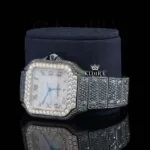 Roman Numerals White Dial Black Iced Out Moissanite Diamond Watch Left Profile View