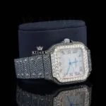 Roman Numerals White Dial Black Iced Out Moissanite Diamond Watch Right Profile View