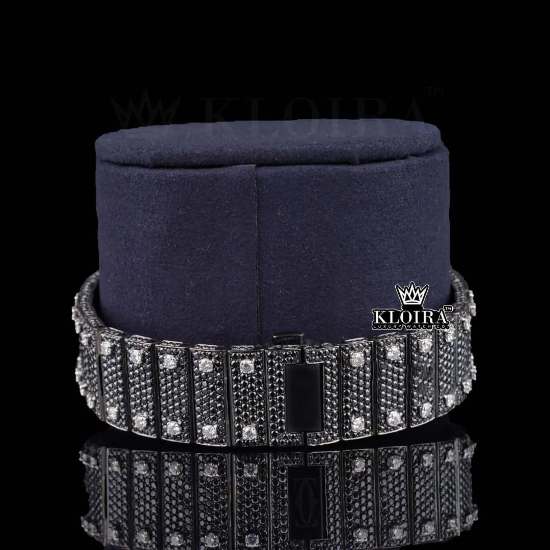 Roman Numerals White Dial Black Moissanite Diamond Watch Bracelet View
