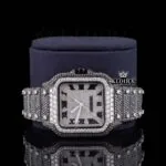 Roman Numerals White Dial Black Moissanite Diamond Watch Front Close Up View