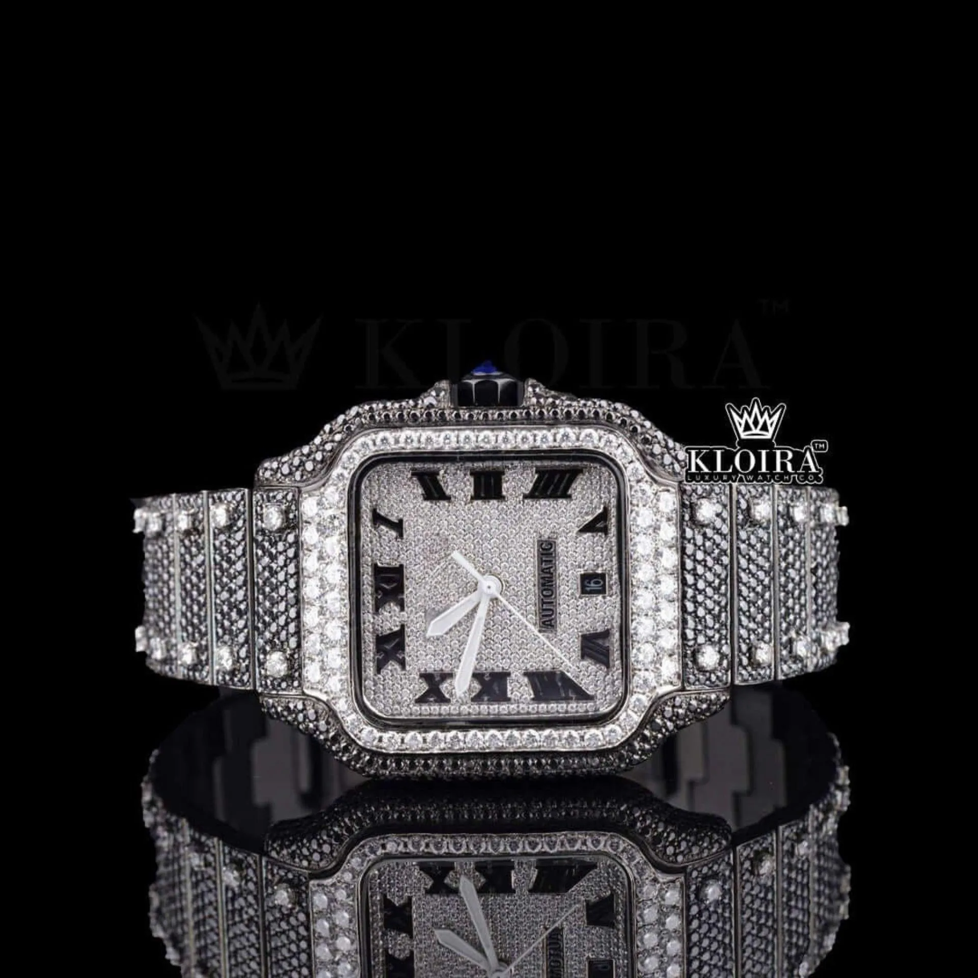 Cartior Roman Numerals White Dial Black Moissanite Diamond Watch with 14K gold plating