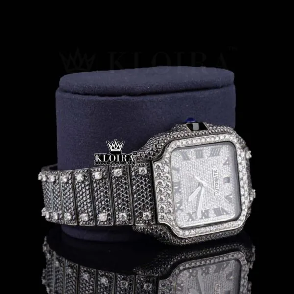 Roman Numerals White Dial Black Moissanite Diamond Watch Right Profile View