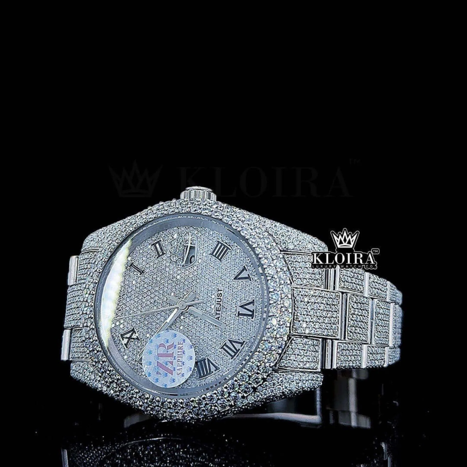Roles Roman Numerals White Dial Cushion Link Strap Moissanite Watch showcasing its brilliant design and luxurious materials