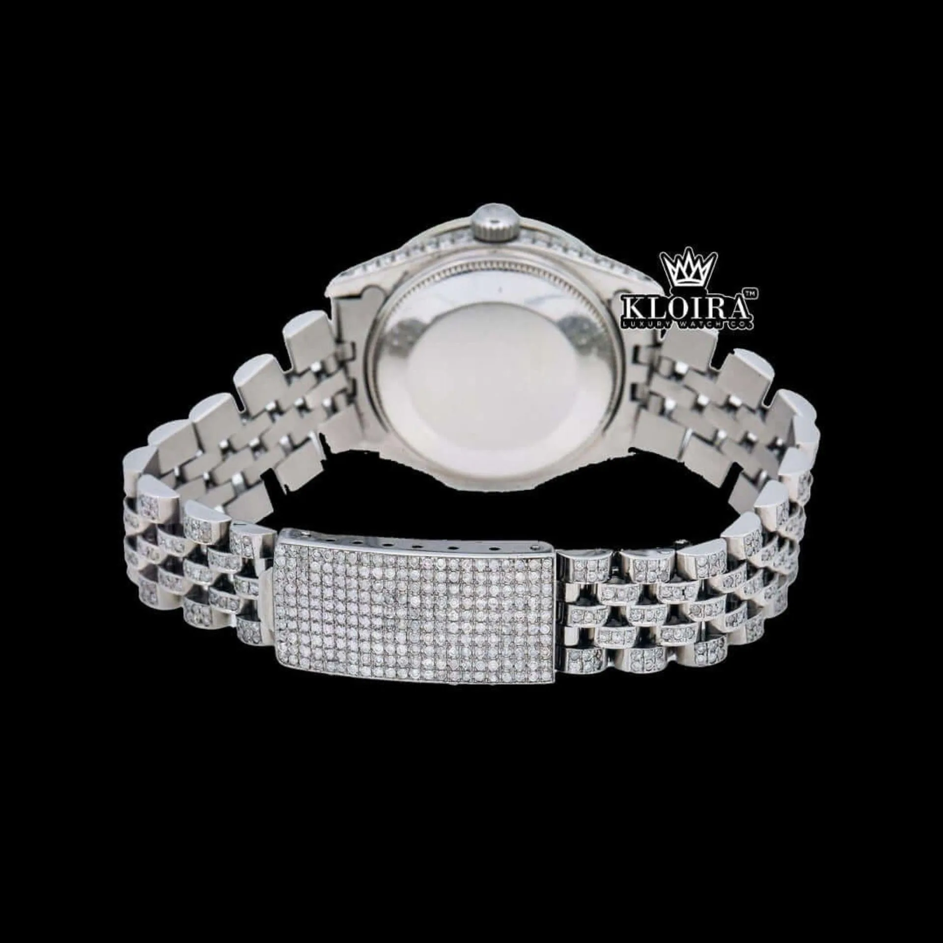 Roman Numerals White Dial Date Display Full Iced Out Moissanite Watch Caseback View
