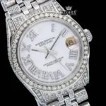 Roman Numerals White Dial Date Display Full Iced Out Moissanite Watch Close Up Dial View