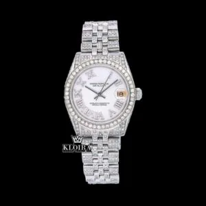 Roles Roman Numerals White Dial Date Display Full Iced Out Moissanite Watch