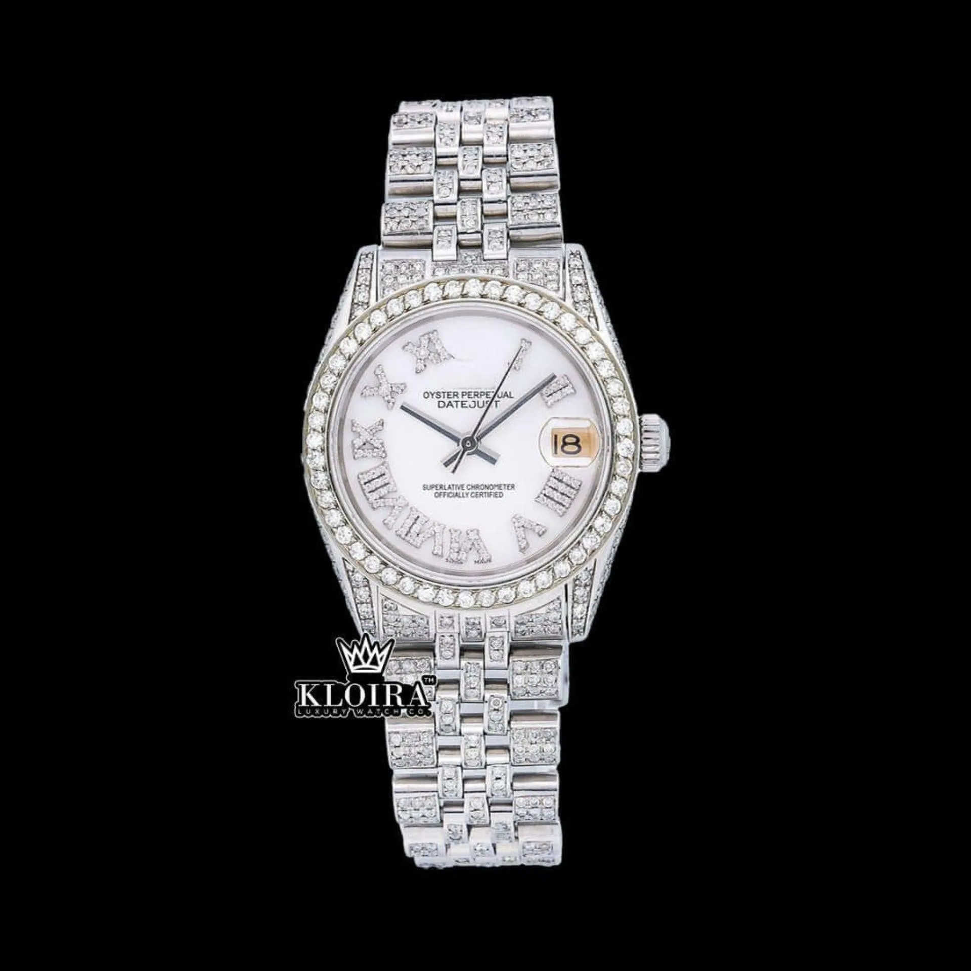 Roles Roman Numerals White Dial Date Display Full Iced Out Moissanite Watch with 14K gold plating and sparkling stones.