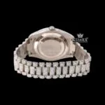Roman Numerals White Dial Day-Date Display Fully Iced Out Moissanite Watch Caseback View