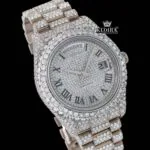 Roman Numerals White Dial Day-Date Display Fully Iced Out Moissanite Watch Close Up Dial View