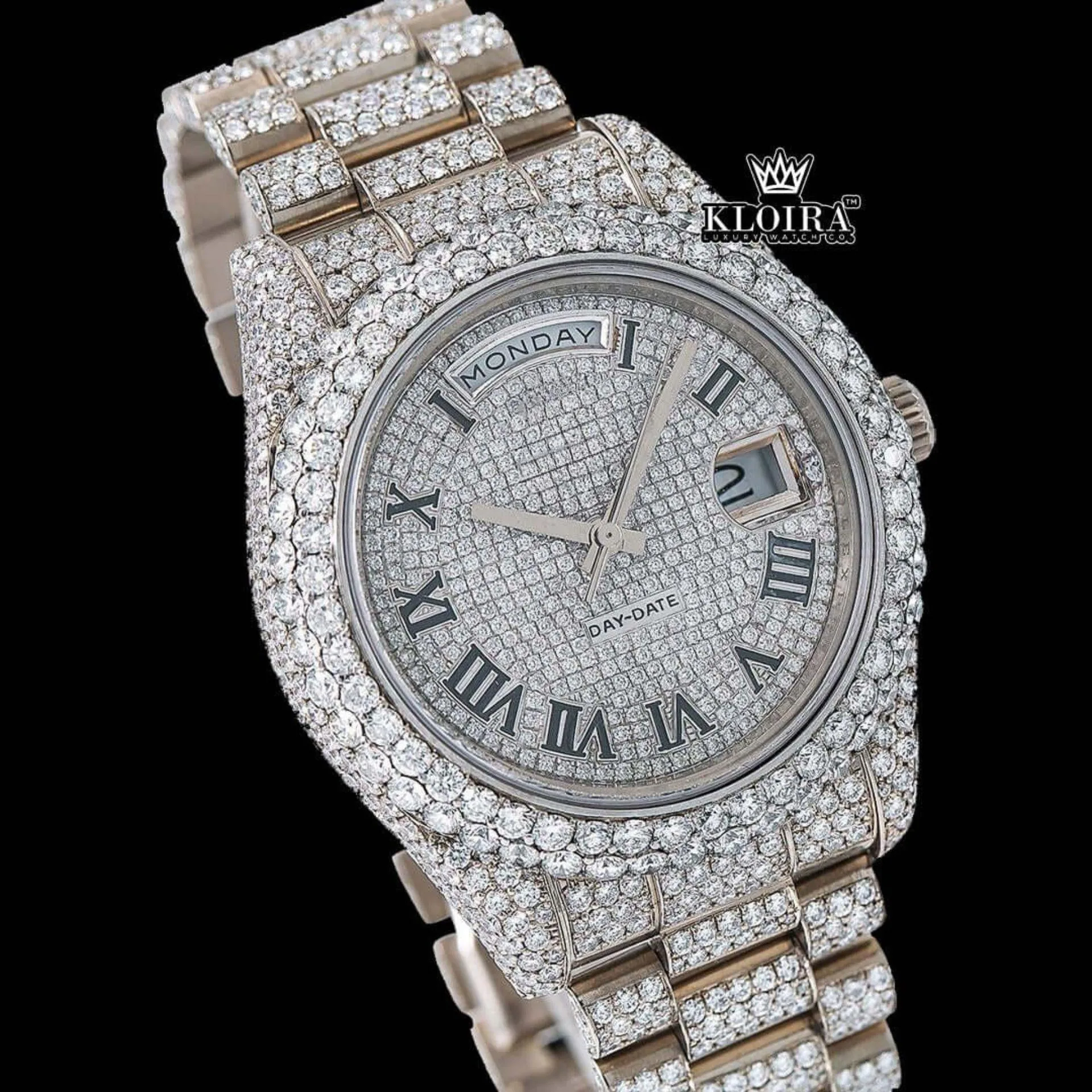 Roman Numerals White Dial Day-Date Display Fully Iced Out Moissanite Watch Close Up Dial View