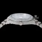 Roman Numerals White Dial Day-Date Display Fully Iced Out Moissanite Watch Crown View