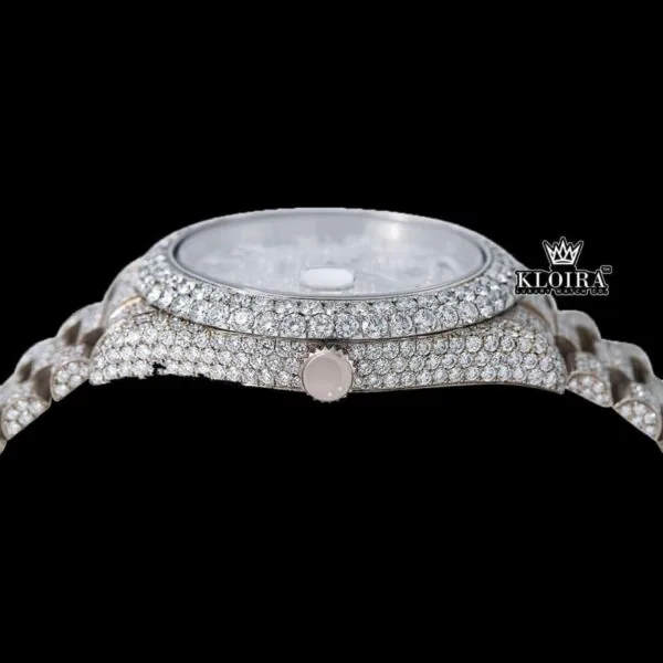 Roman Numerals White Dial Day-Date Display Fully Iced Out Moissanite Watch Crown View