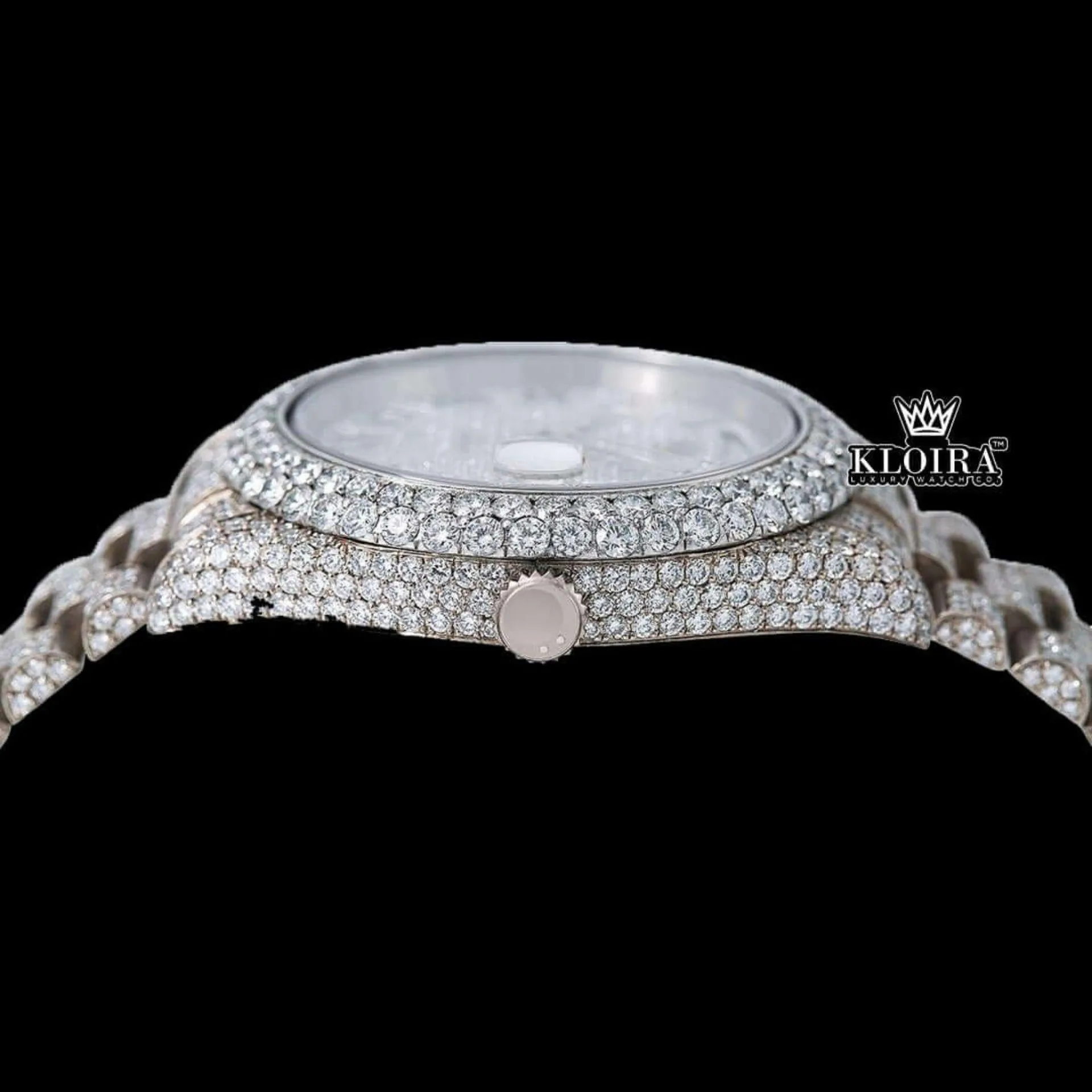 Roman Numerals White Dial Day-Date Display Fully Iced Out Moissanite Watch Crown View