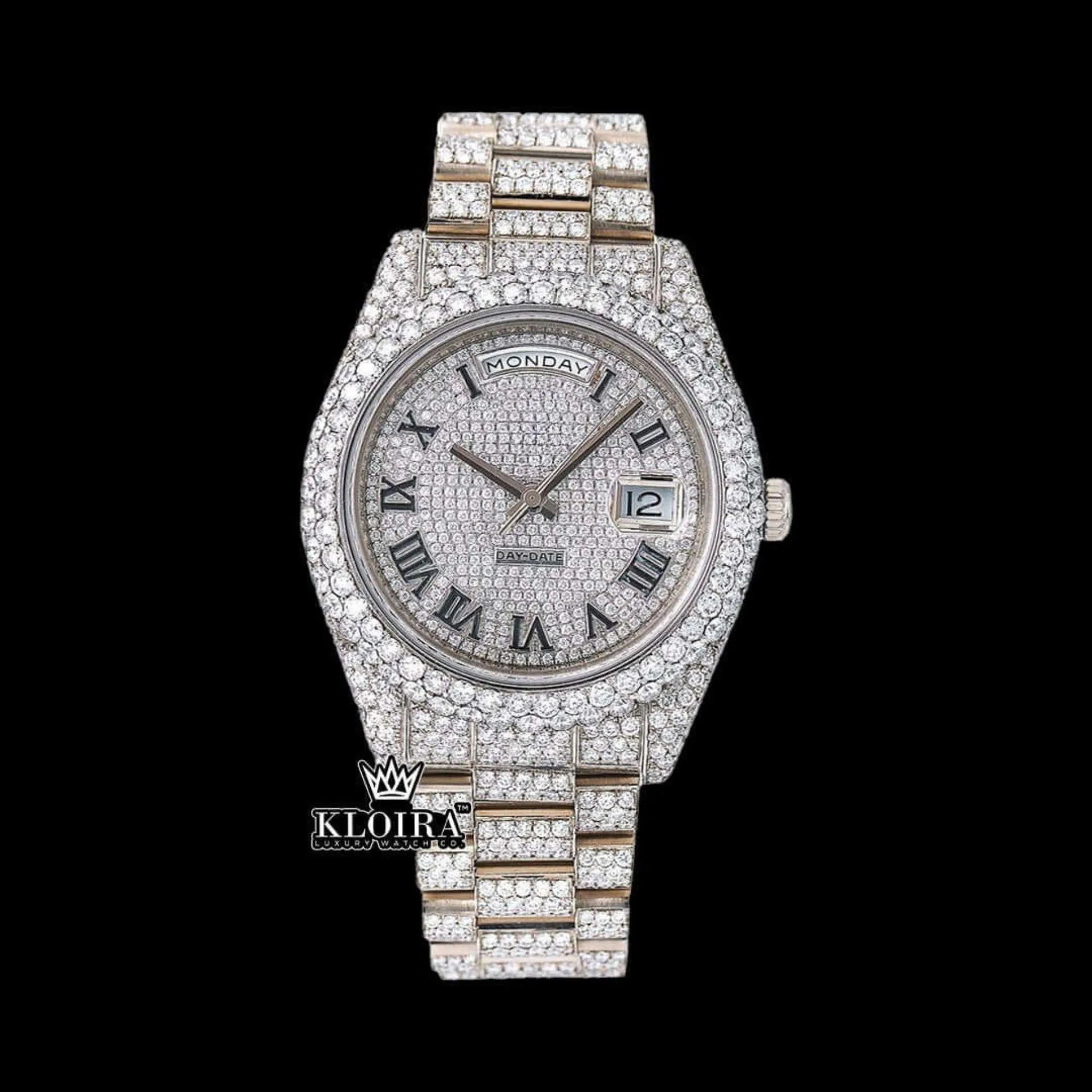 Roles Roman Numerals Day-Date Display Fully Iced Out Moissanite Watch with white dial and gold plating