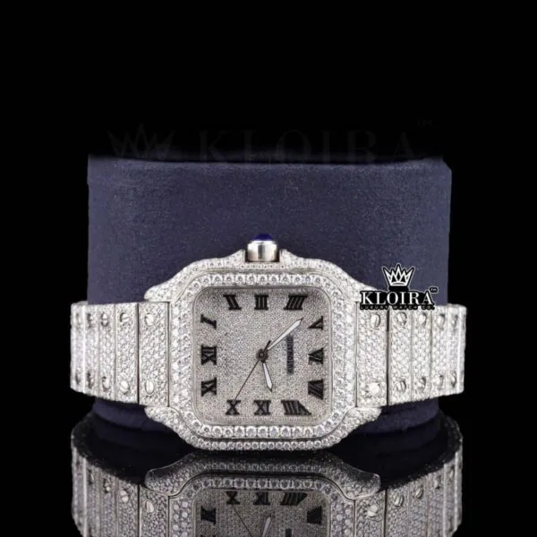 Roman Numerals White Dial Fully Iced Out Moissanite Diamond Watch Front Close Up View
