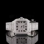 Cartior Roman Numerals White Dial Fully Iced Out Moissanite Watch with sparkling detail
