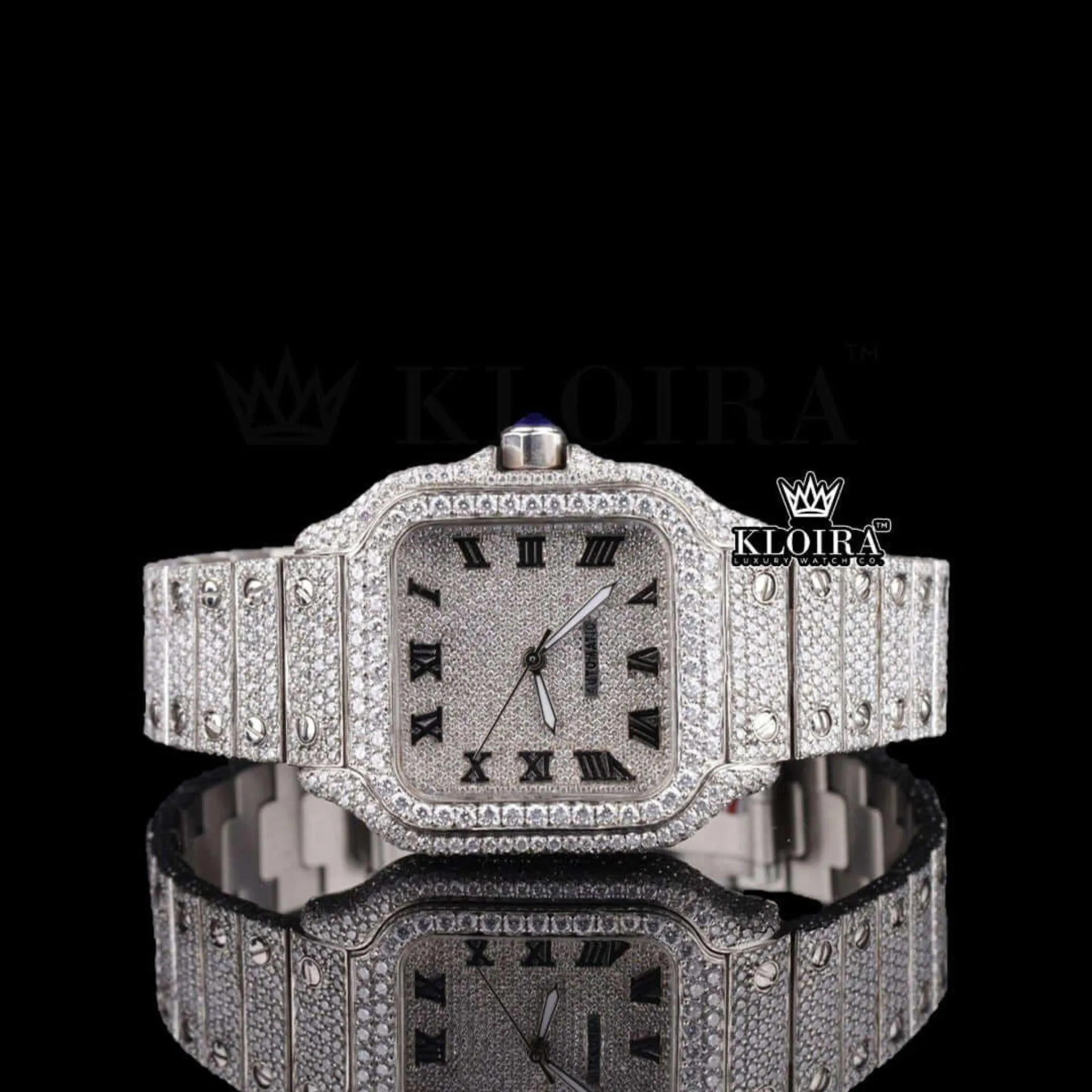 Cartior Roman Numerals White Dial Fully Iced Out Moissanite Watch with sparkling detail