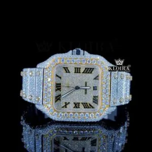Cartior Roman Numerals Yellow Dial Two Tone Iced Out Moissanite Watch