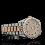 Rose Gold Arabic Dial Two Tone Full Iced Out Moissanite Diamond Watch Right Profile View