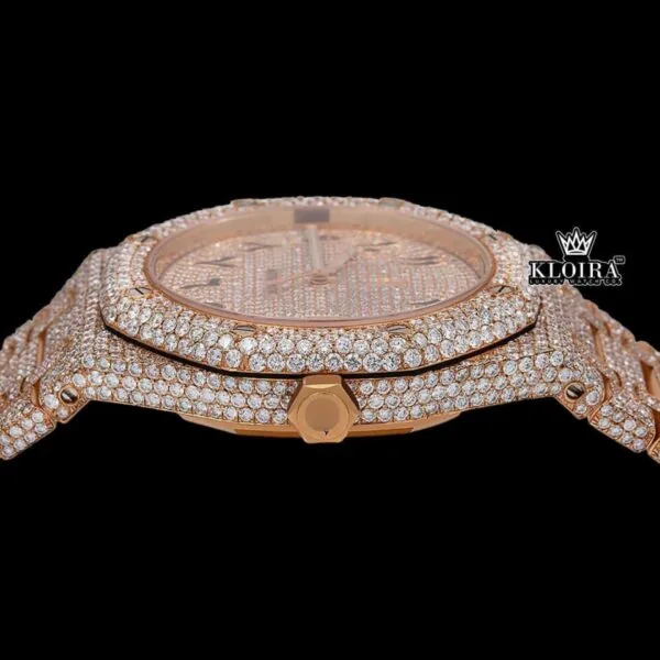 Rose Gold Arabic Numerals Moissanite Fully Iced Diamond Watch Crown View