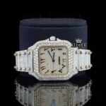 Rose Gold Arabic Numerals Two Tone Moissanite Diamond Watch Front Close Up View
