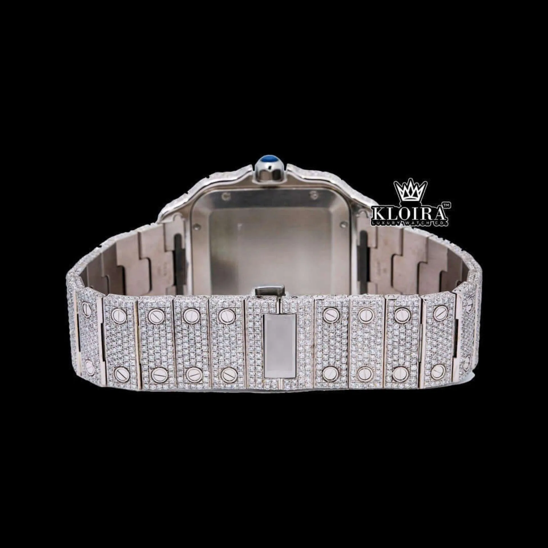 Rose Gold Bezel Blue Roman Dial Two Tone Moissanite Watch Caseback View