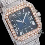 Rose Gold Bezel Blue Roman Dial Two Tone Moissanite Watch Close Up Dial View
