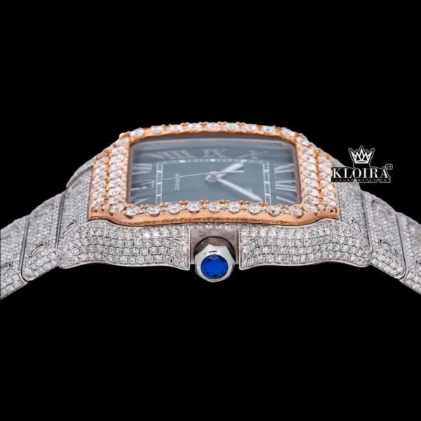Rose Gold Bezel Blue Roman Dial Two Tone Moissanite Watch Crown View