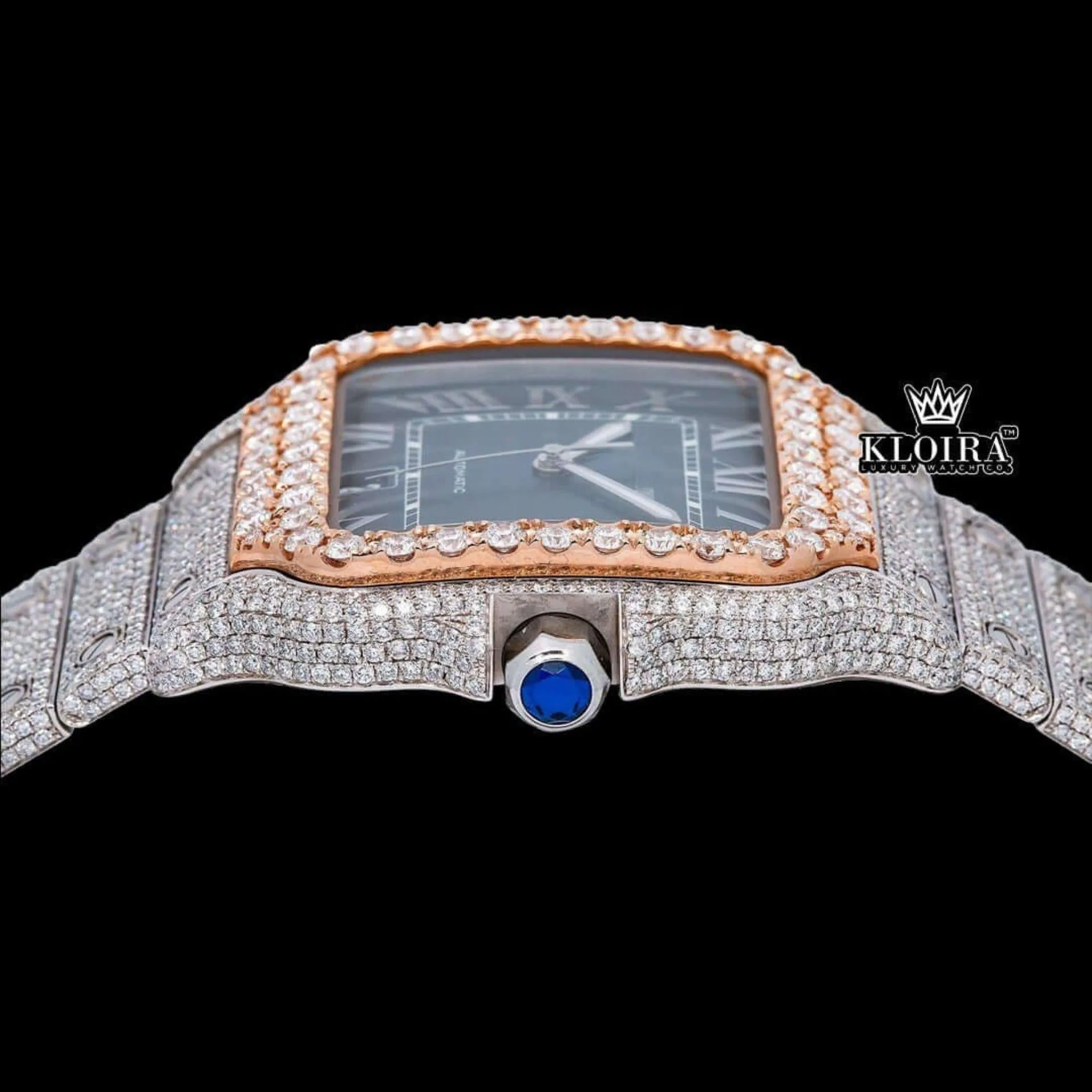 Rose Gold Bezel Blue Roman Dial Two Tone Moissanite Watch Crown View
