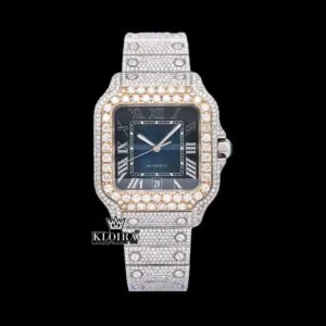 Cartior Rose Gold Bezel Blue Roman Dial Two Tone Moissanite Watch