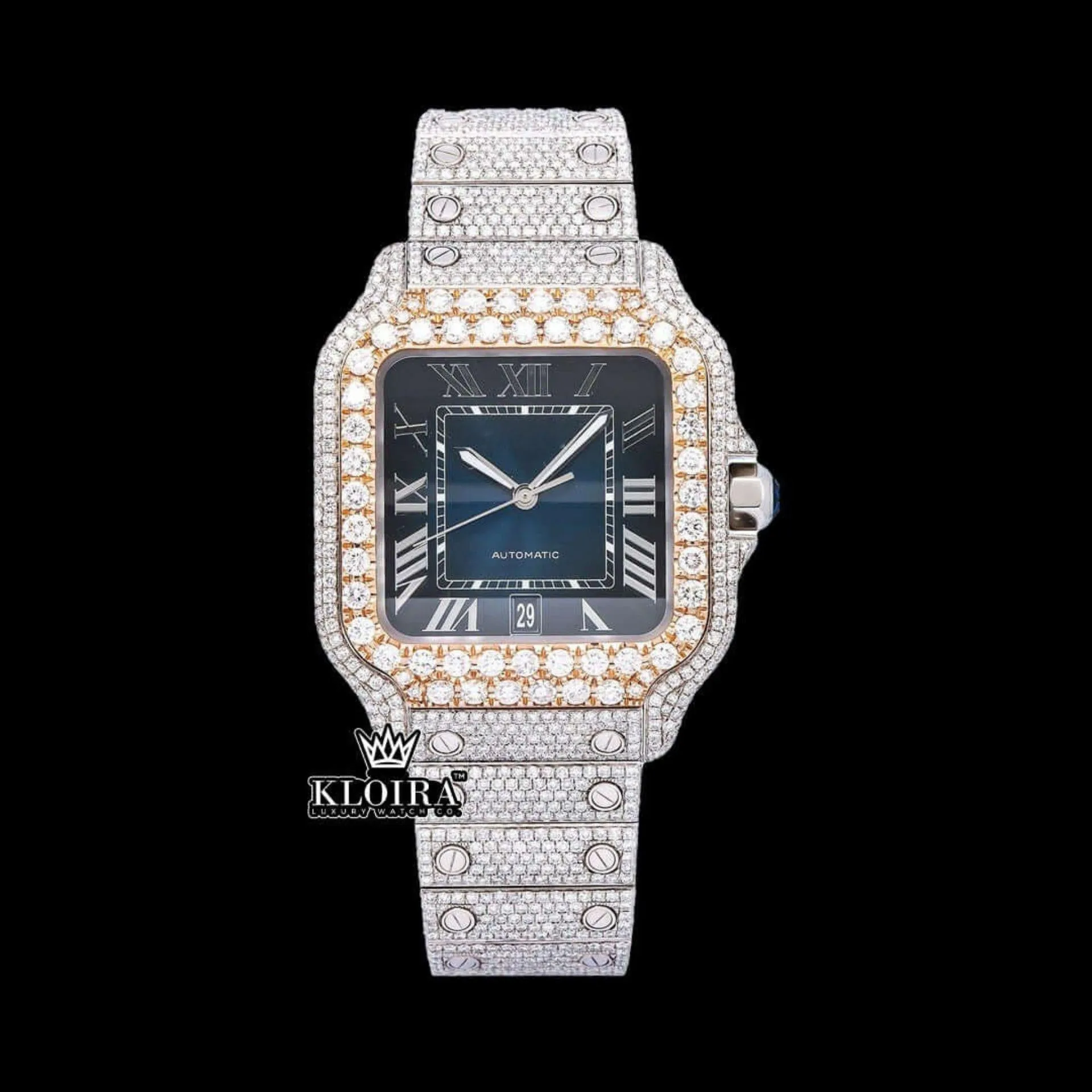 Cartior Rose Gold Bezel Blue Roman Dial Two Tone Moissanite Watch with blue dial and rose gold accents