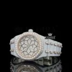 Rose Gold Bezel Geometric Dial Full Iced Out Moissanite Diamond Watch Left Profile View
