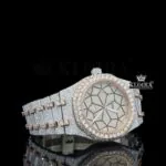 Rose Gold Bezel Geometric Dial Full Iced Out Moissanite Diamond Watch Right Profile View