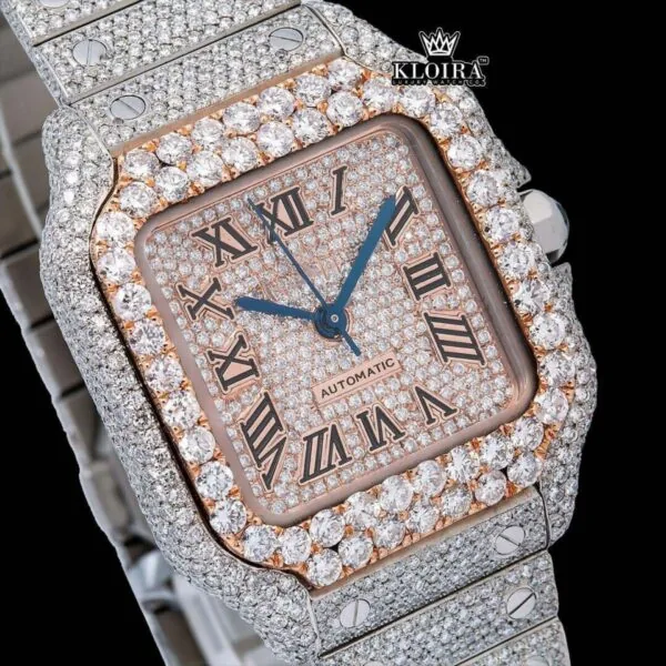 Rose Gold Dial Black Roman Numerals Two Tone Moissanite Watch Close Up Dial View