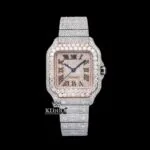 Cartior Santos Moissanite Watch with Rose Gold Dial and Black Roman Numerals