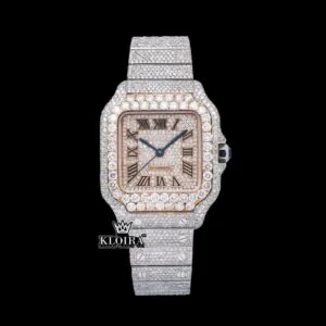 Cartior Santos Moissanite Watch with Rose Gold Dial and Black Roman Numerals