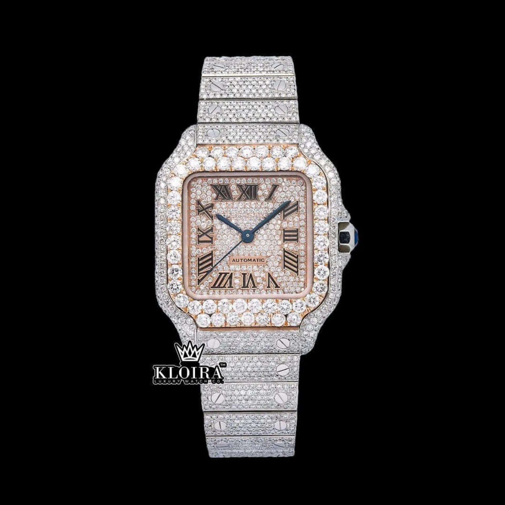 Cartior Santos Moissanite Watch with Rose Gold Dial and Black Roman Numerals