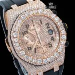 Rose Gold Dial Black Rubber Strap Moissanite Diamond Watch Close Up Dial View