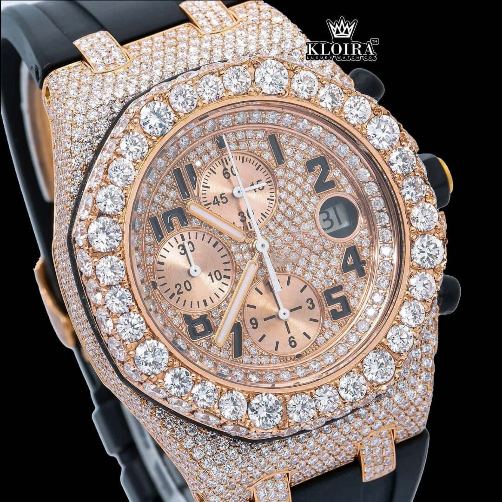 Rose Gold Dial Black Rubber Strap Moissanite Diamond Watch Close Up Dial View
