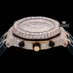Rose Gold Dial Black Rubber Strap Moissanite Diamond Watch Crown View