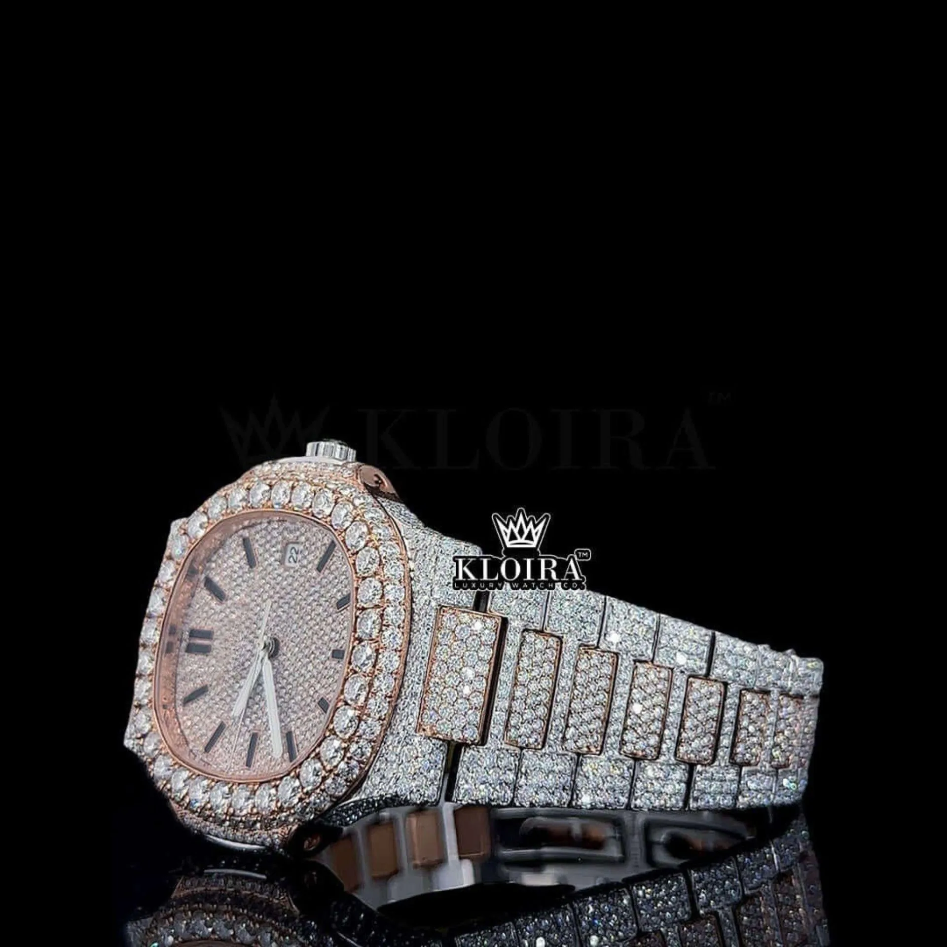 Rose Gold Dial Black Stick Markers Moissanite Diamond Watch Left Profile View
