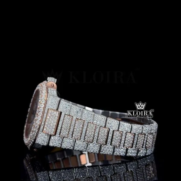 Rose Gold Dial Black Stick Markers Moissanite Diamond Watch Left Side View