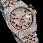 Rose gold Dial Blue Arabic Numerals Two Tone Iced Moissanite Diamond Watch Close Up Dial View