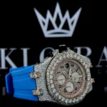 Rose Gold Dial Blue Rubber Strap Full Iced Out Moissanite Chronograph Watch Right Side View