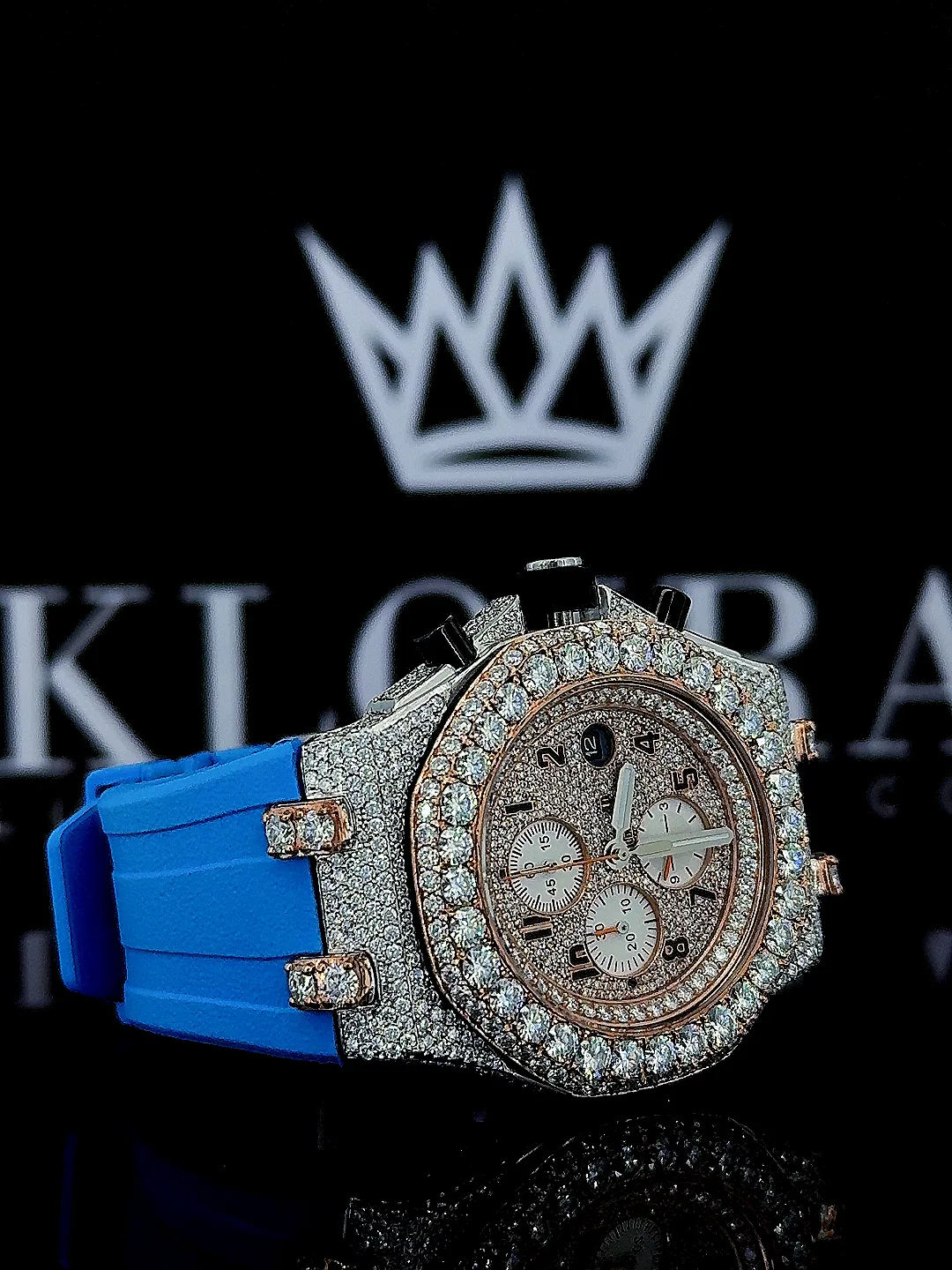 Rose Gold Dial Blue Rubber Strap Full Iced Out Moissanite Chronograph Watch Right Side View