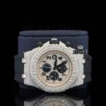 Rose Gold Dial Chronograph Black Rubber Strap Moissanite Watch Close Up Front View