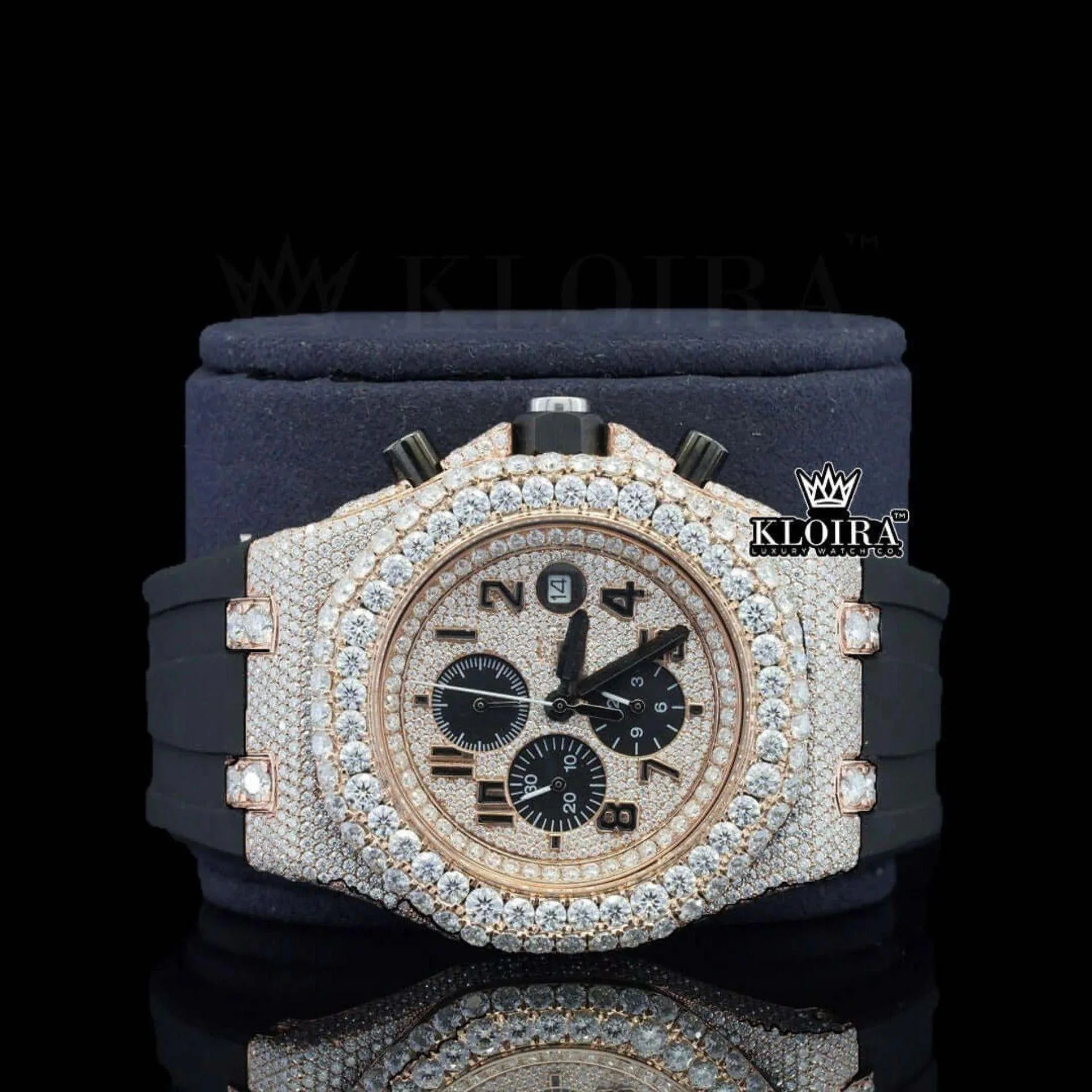Rose Gold Dial Chronograph Black Rubber Strap Moissanite Watch Close Up Front View