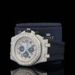 Rose Gold Dial Chronograph Black Rubber Strap Moissanite Watch Left Profile View