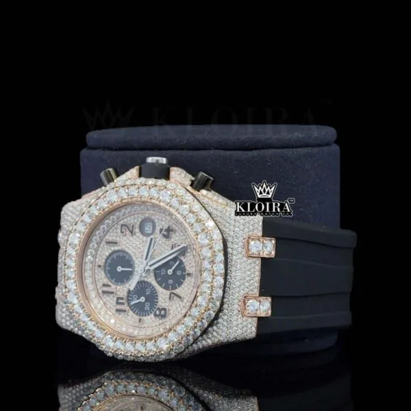 Rose Gold Dial Chronograph Black Rubber Strap Moissanite Watch Left Profile View