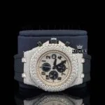 Rose Gold Dial Chronograph Black Standard Numerals Moissanite Watch Close Up Front View